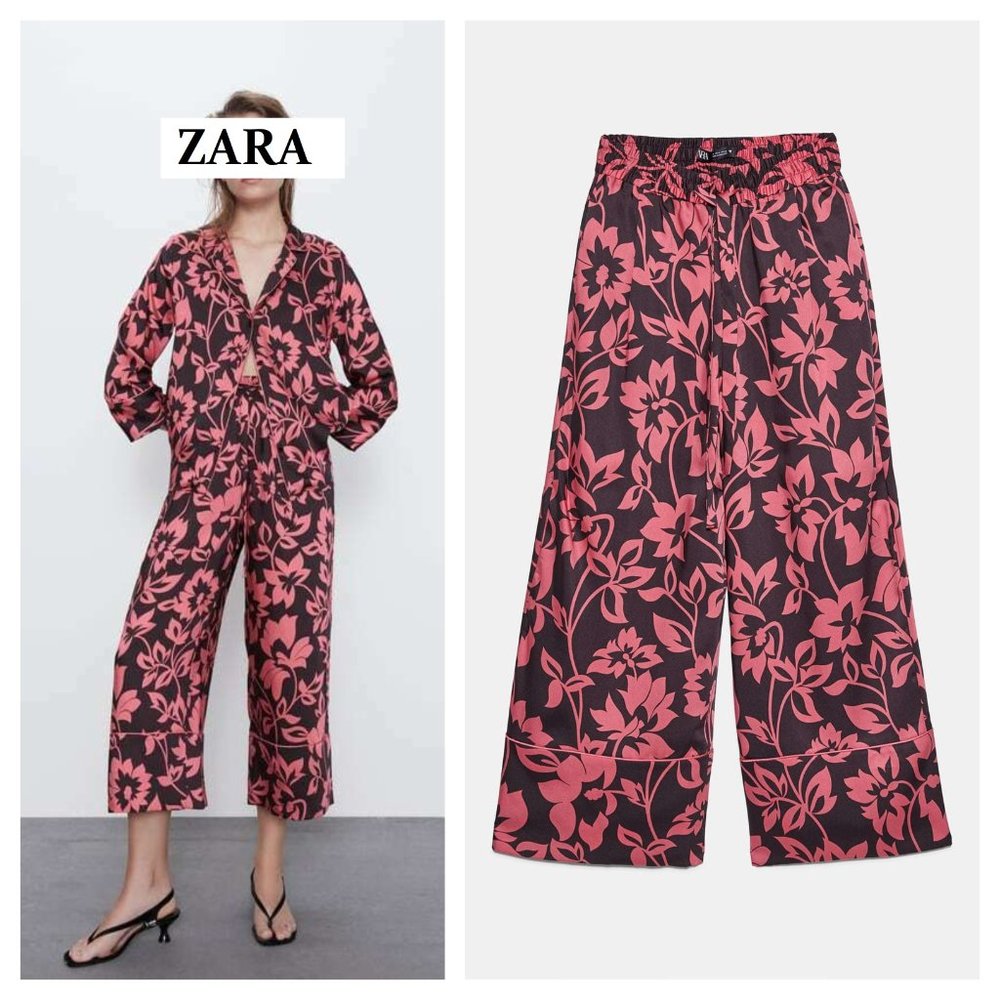 ZARA FLORAL SATIN CASUAL PANTS